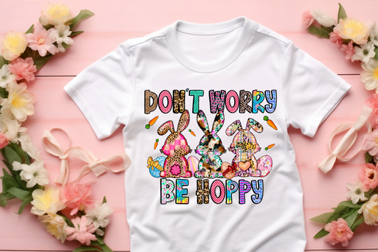 Don't Worry Be Hoppy Trio of Bunnies Multi Pattern