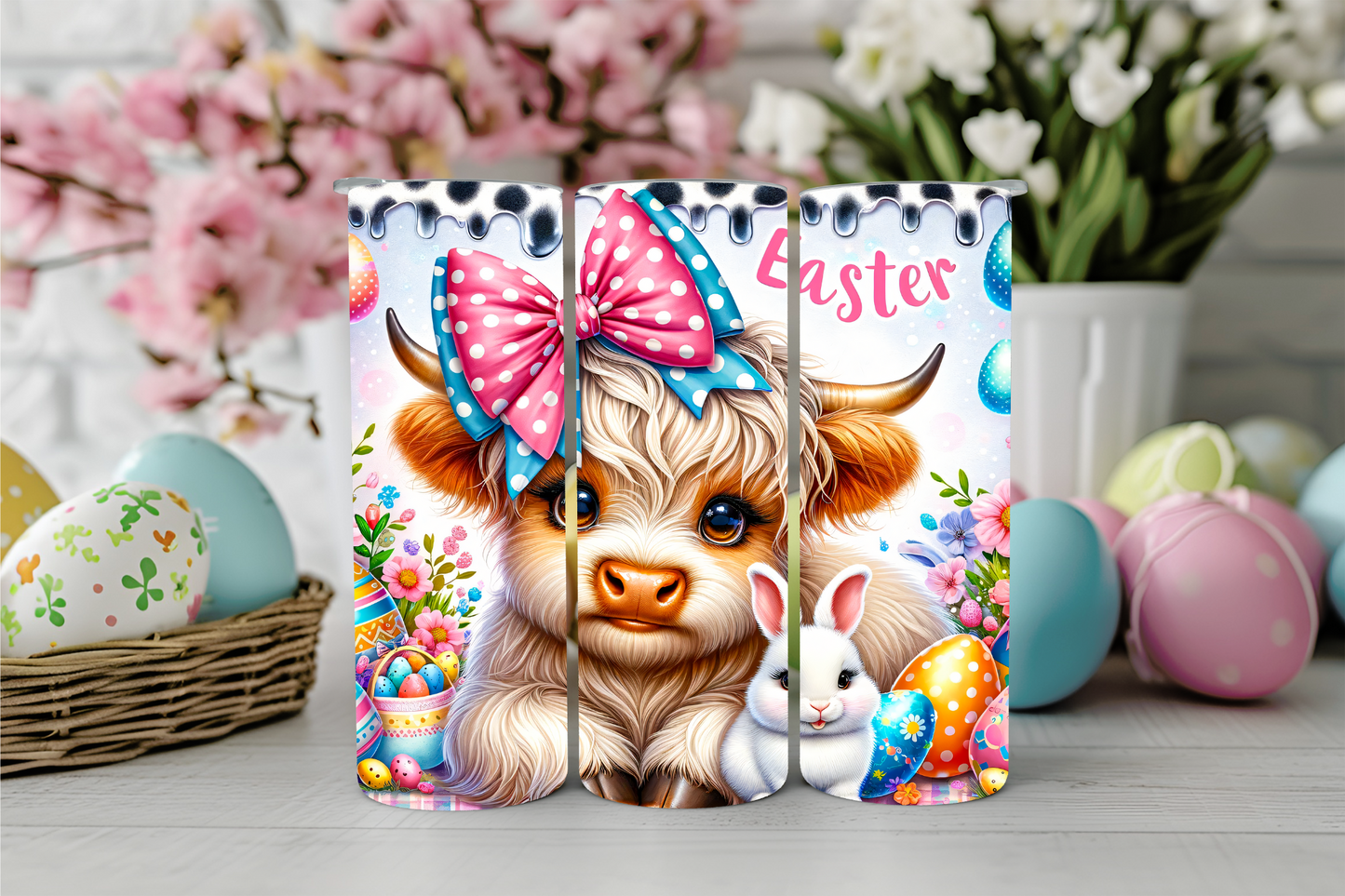 Easter Highland Cow with Pink Bow Tumbler