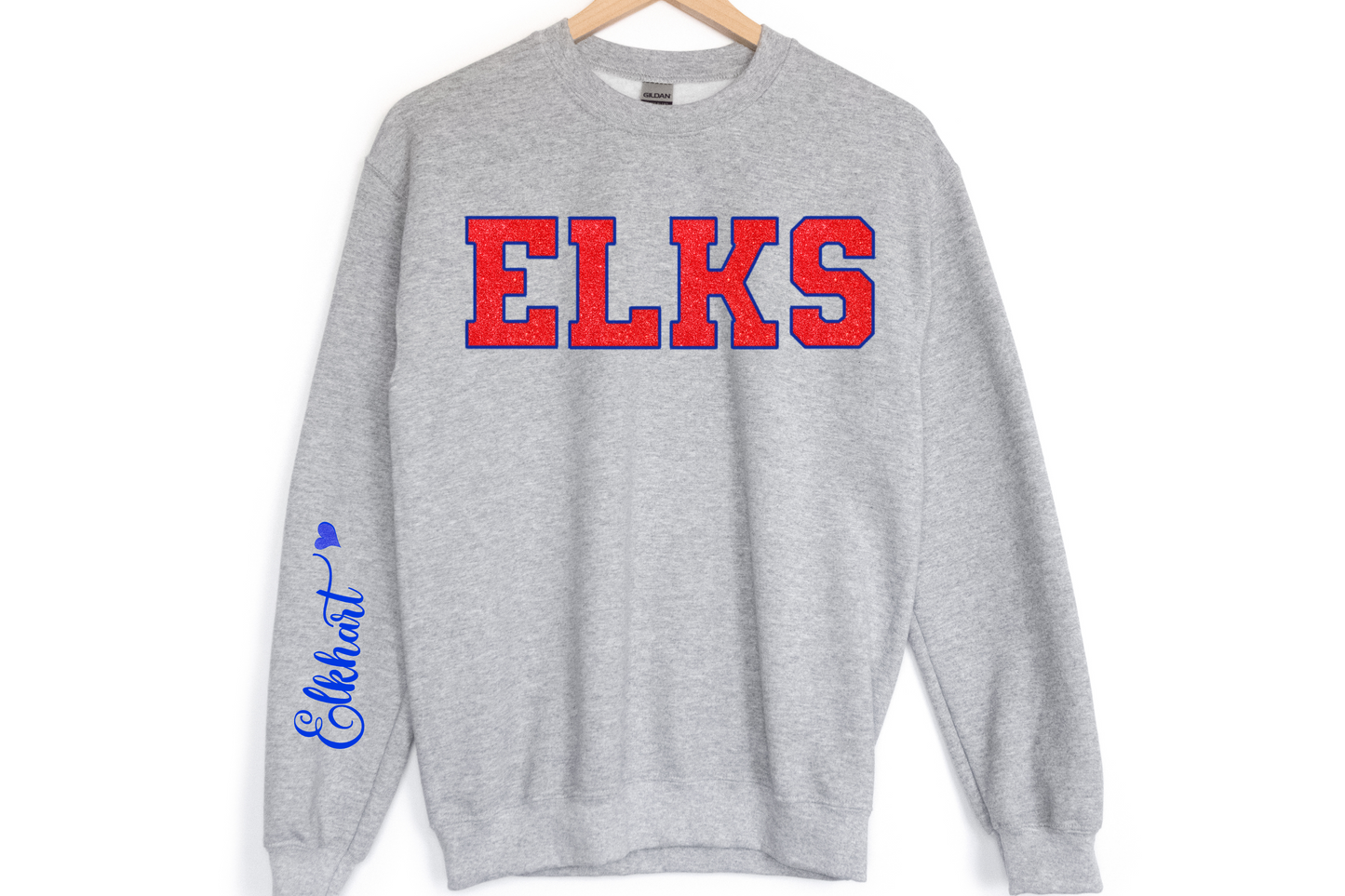 Elks in Red Blue Outline with Blue Font on Sleeve