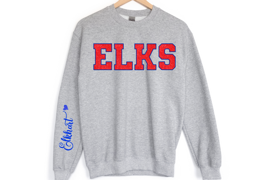 Elks in Red Blue Outline with Blue Font on Sleeve