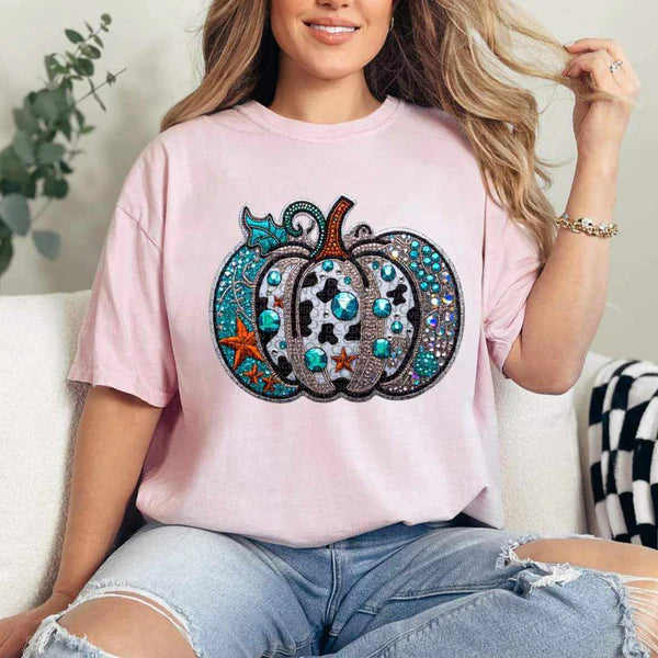 Embroidered Pumpkin with Jewels COW PRINT