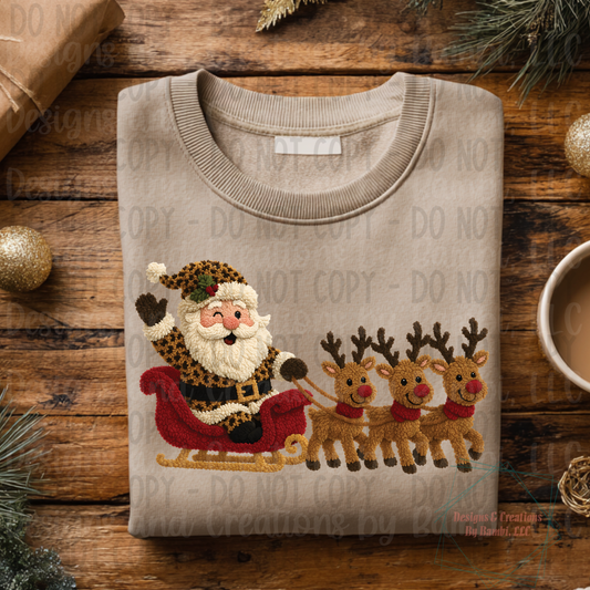 Faux Knit Santa Leopard with Reindeer