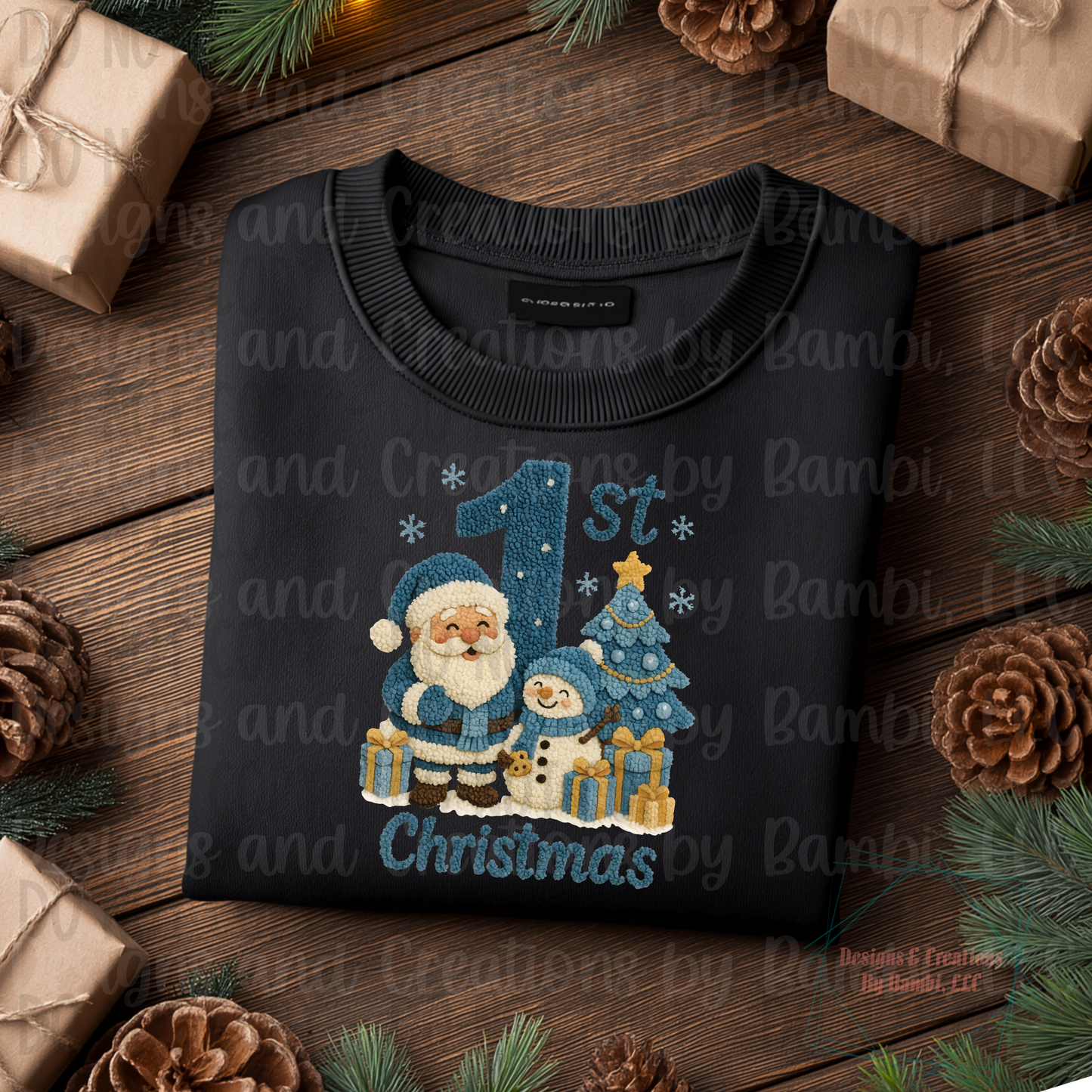 Faux Knit Blue 1st Christmas with Santa
