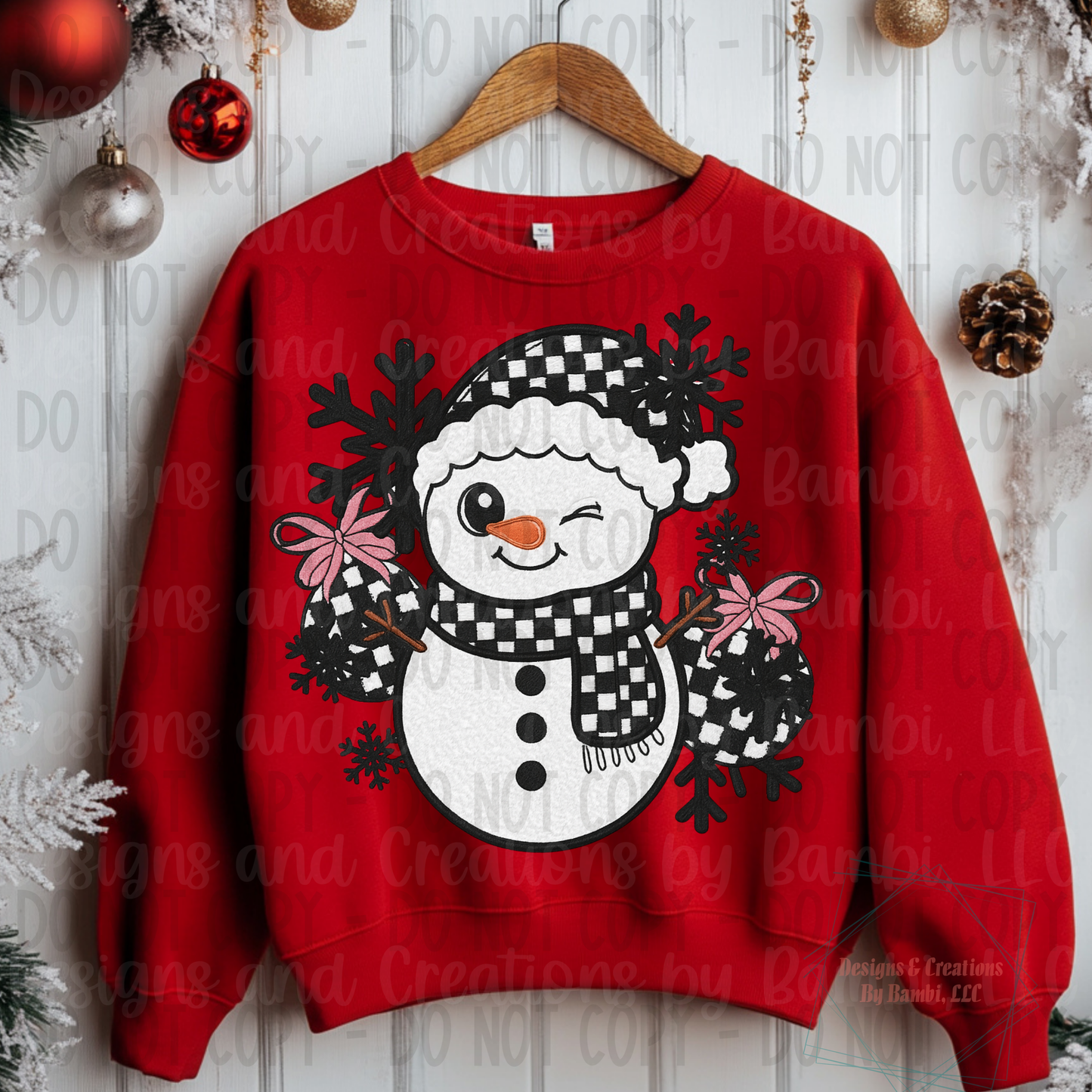 Faux Embroidery Glitter Checkered Snowman