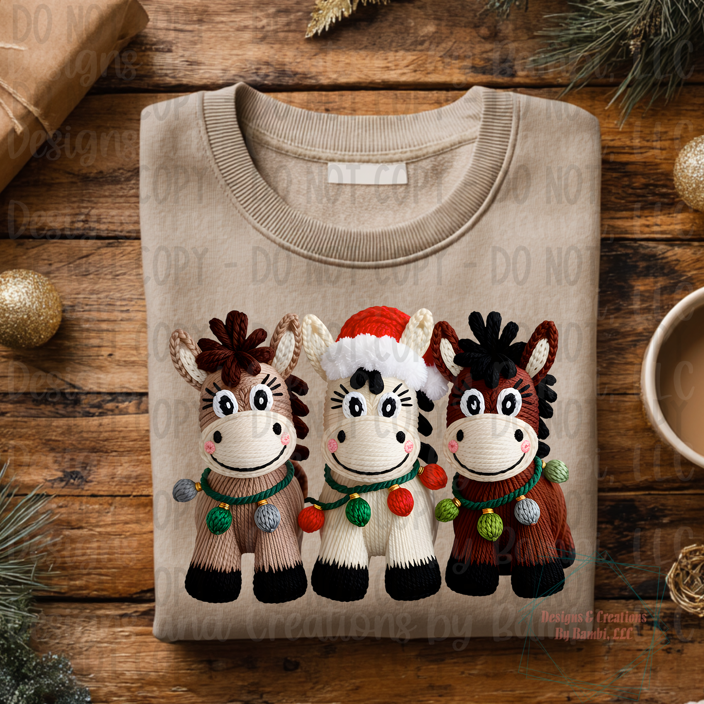 Faux Knit Trio of Festive Christmas Horses