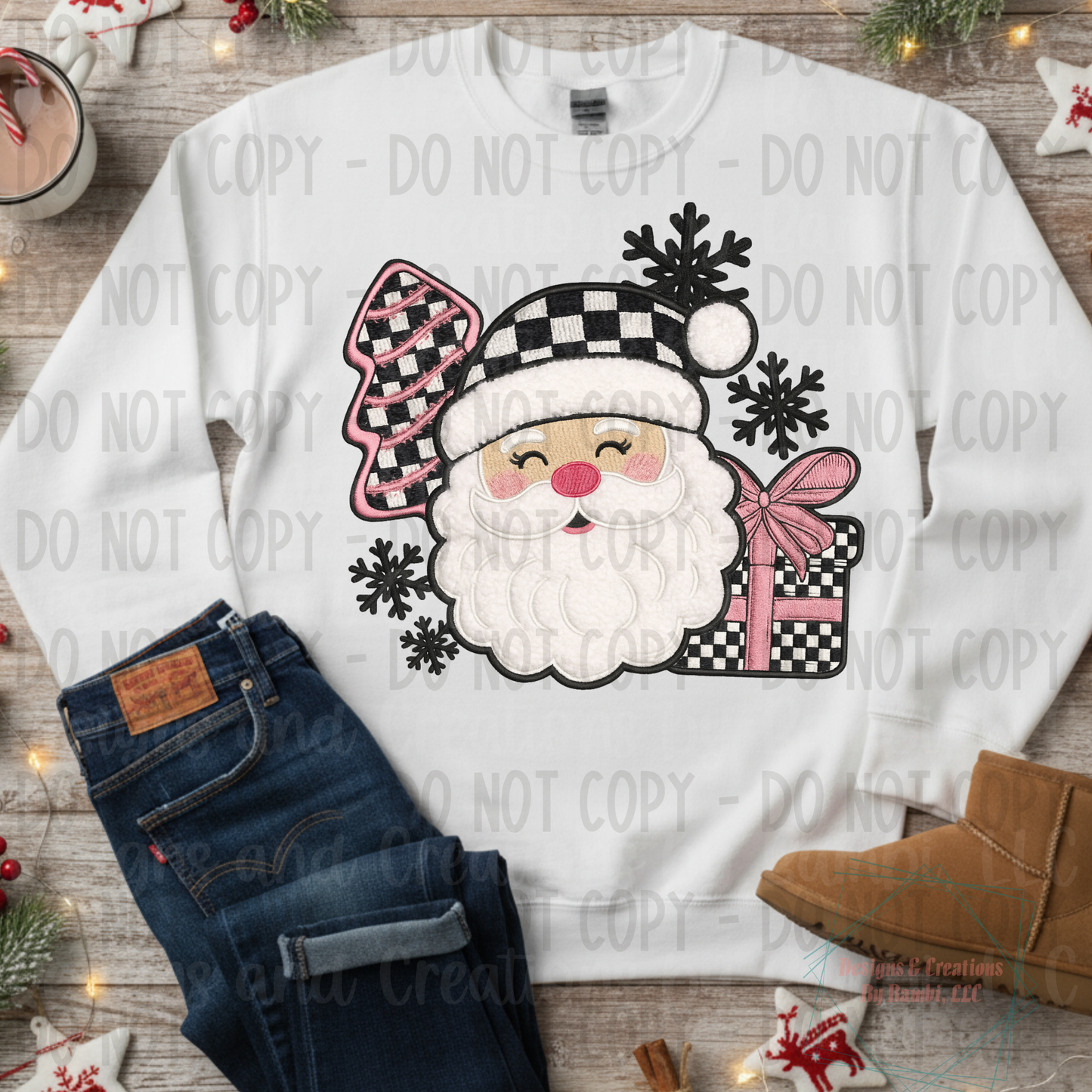 Faux Embroidery Yarn Checkered Santa