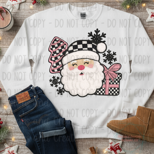 Faux Embroidery Yarn Checkered Santa