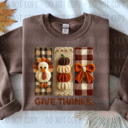 Faux Knit Yarn Give Thanks with Turkey Pumpkins