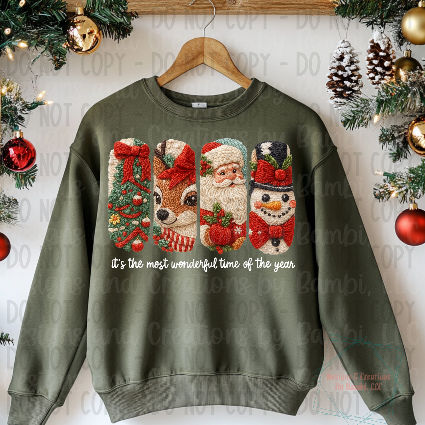 Faux Knit Most Wonderful Time Santa Snowman White Font