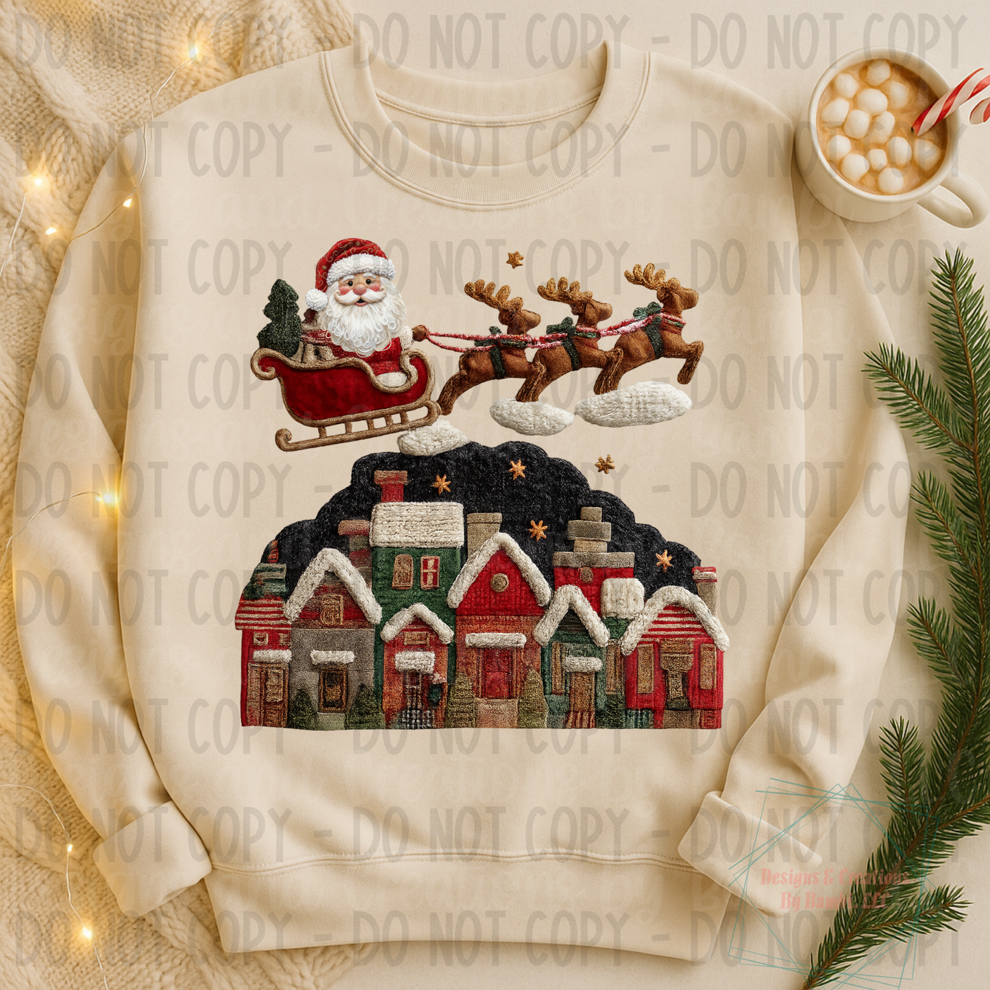 Faux Knit Santa with Reindeer Delivering Presents