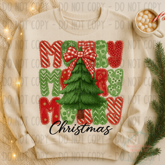 Faux Knit Embroidery Stacked Merry with Tree