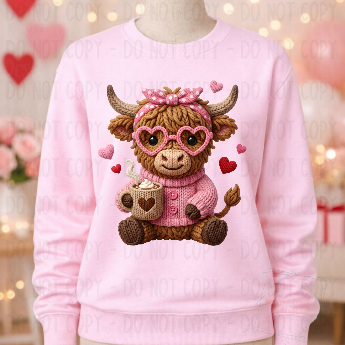 Faux Crochet Yarn Highland Cow Coffee Valentine