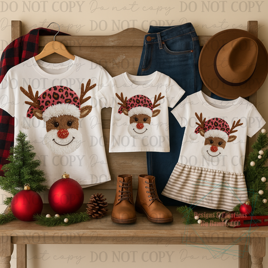 Faux Yarn Reindeer Face with Pink Leopard Santa Hat