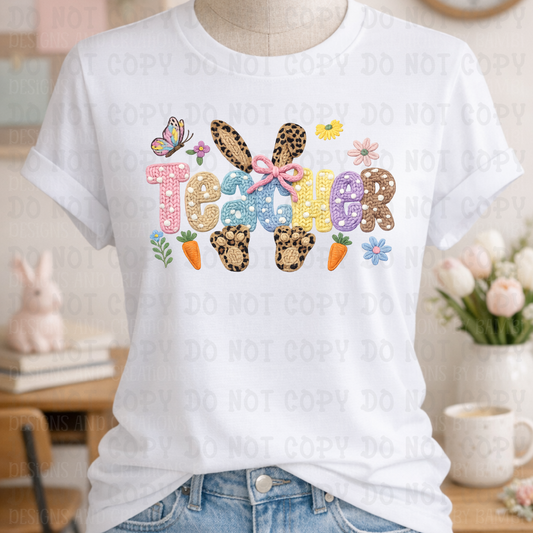 Faux Embroidery Pastel Easter Teacher with Brown Leopard Bunny