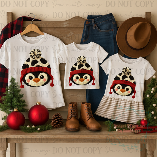 Faux Yarn Penguin Face with Cow Print Hat