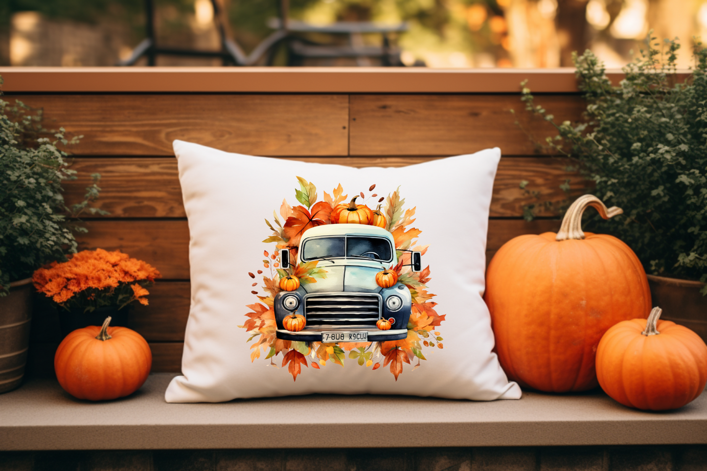 Hello Fall with Blue Truck Throw Pillow Covering