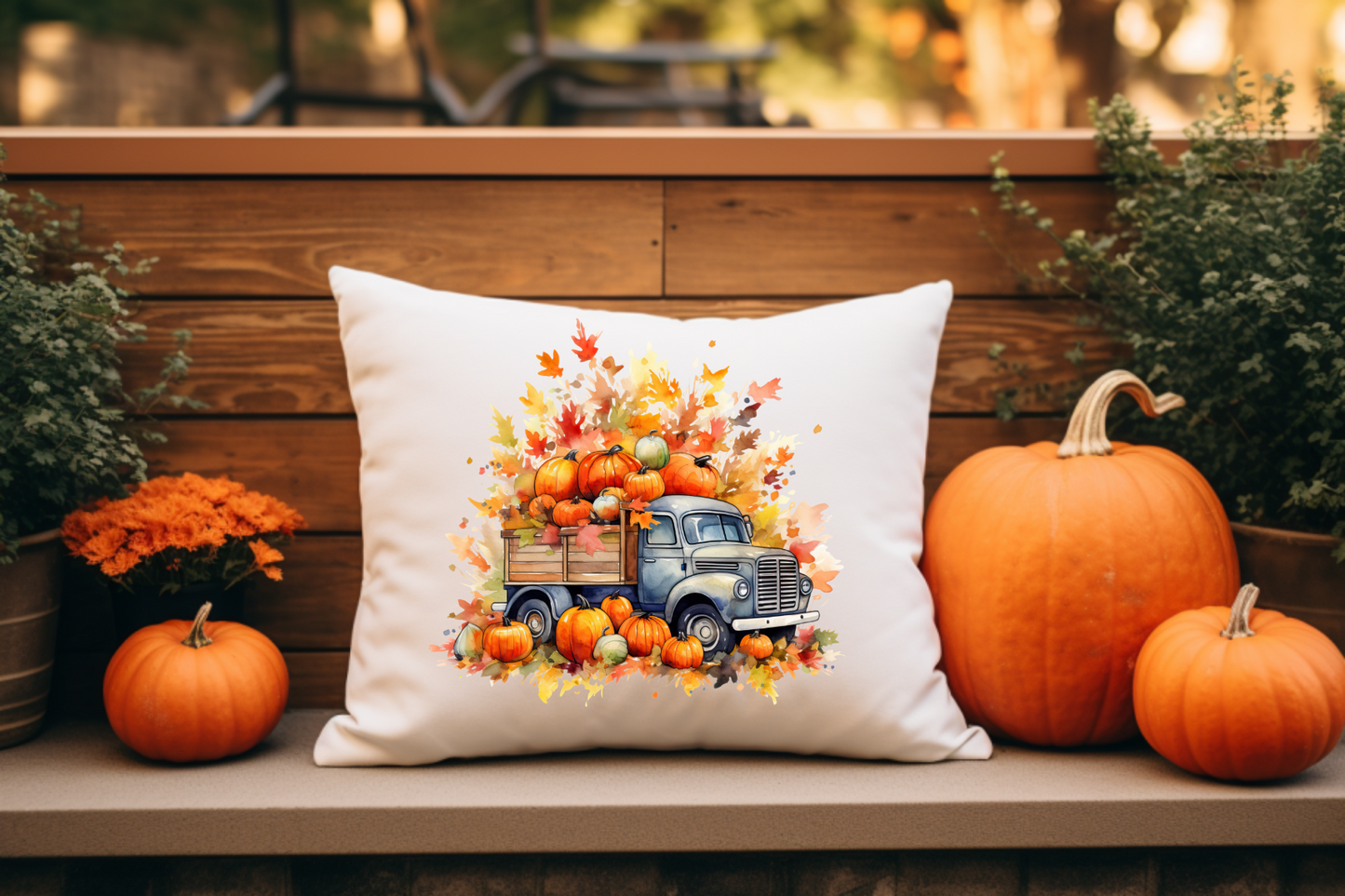 Fall Scene with Blue Truck Throw Pillow Covering