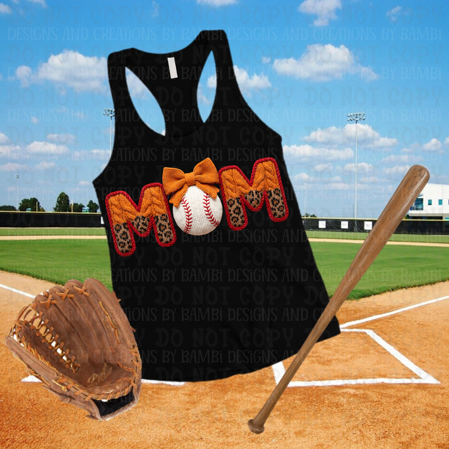 Faux Crochet Leopard-Orange Mom with Baseball