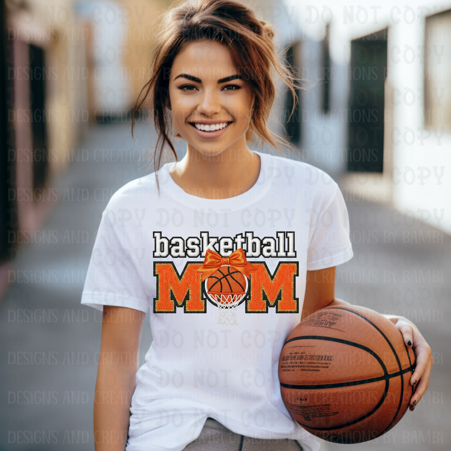 Faux Embroidery Basketball Mom in Orange with Basketball and Goal