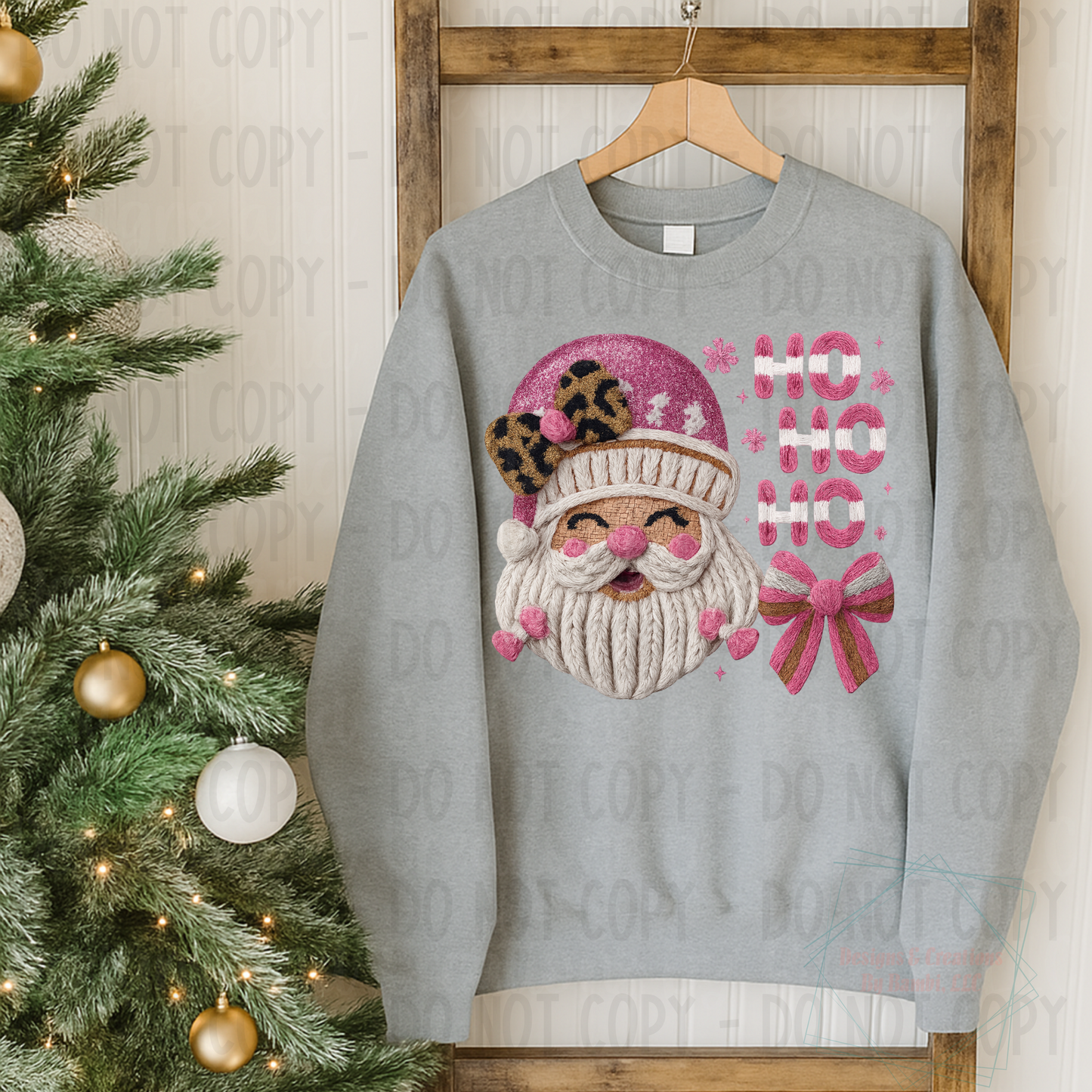 Faux Embroidery/Knit Pink Ho Ho Ho Santa