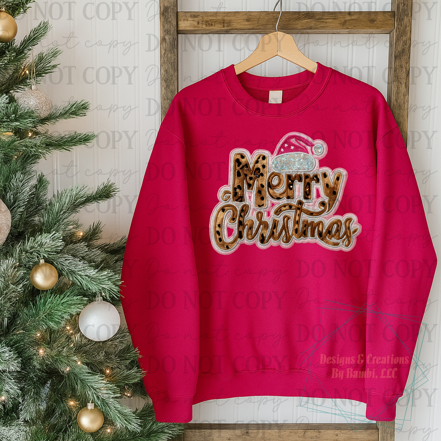 Faux Embroidery Merry Christmas Leopard