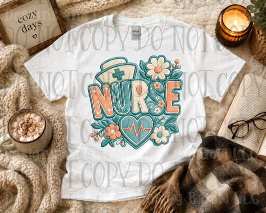 Faux Embroidery Nurse in Coral and Blue