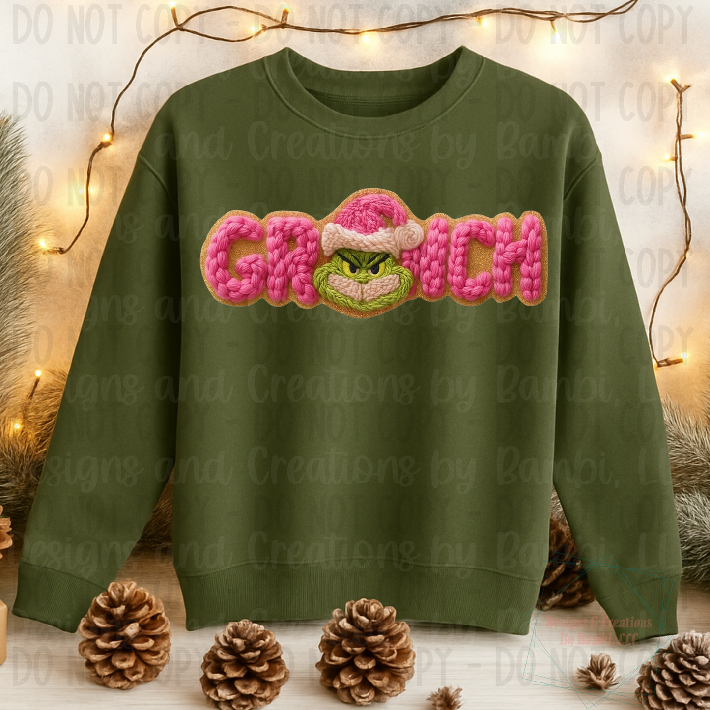 Faux Yarn/Embroidery Pink Green Guy with Gold Background
