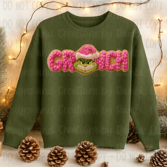 Faux Yarn/Embroidery Pink Green Guy with Gold Background
