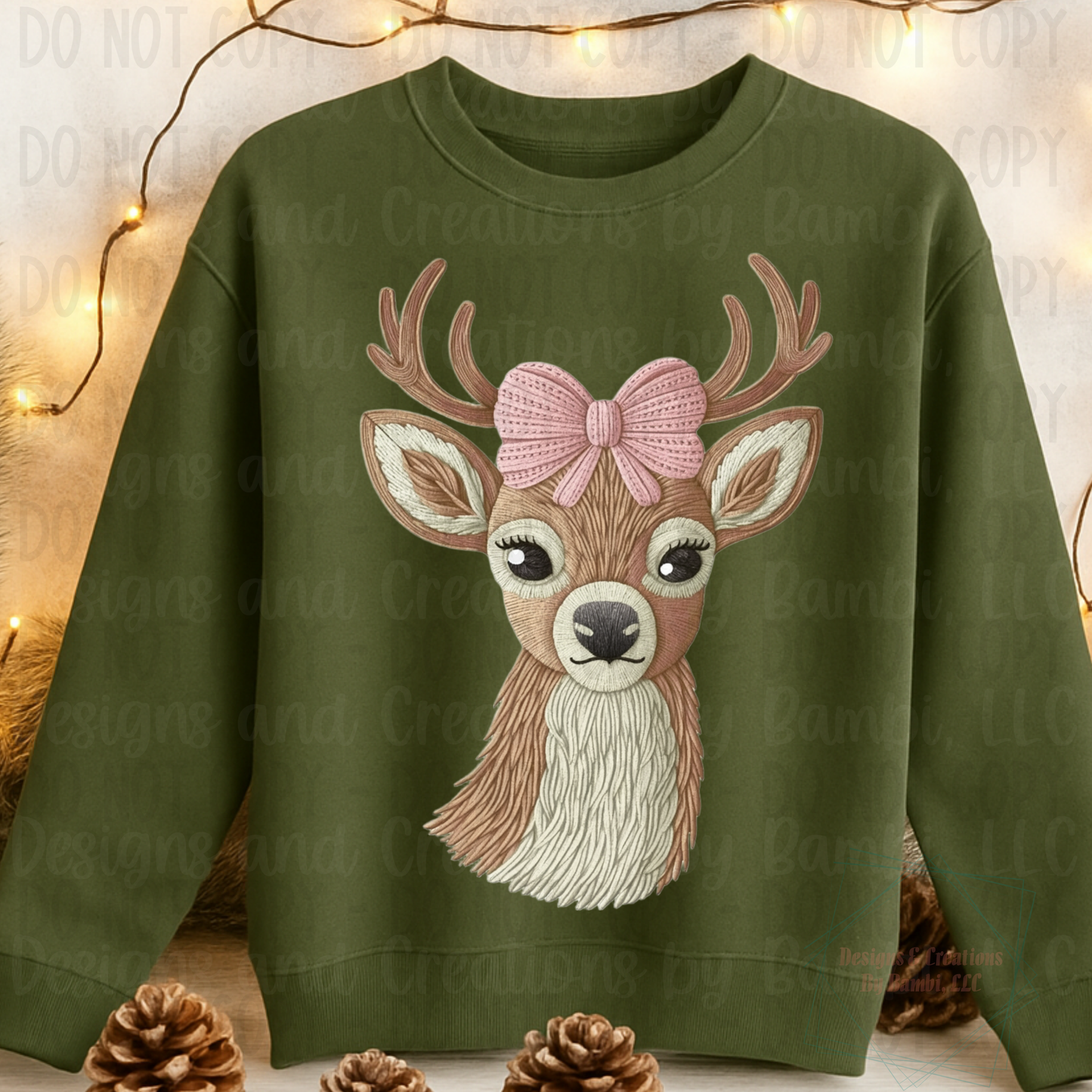 Faux Embroidery/ Knit Deer with Pink Bow Version 2