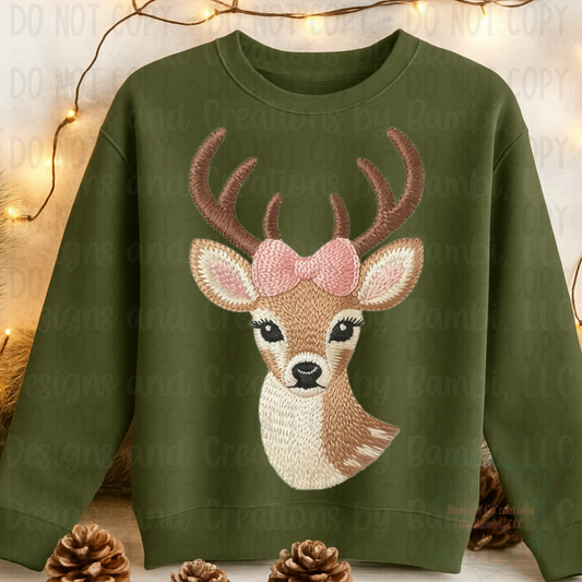 Faux Embroidery/Knit Deer with Pink Bow Version 1
