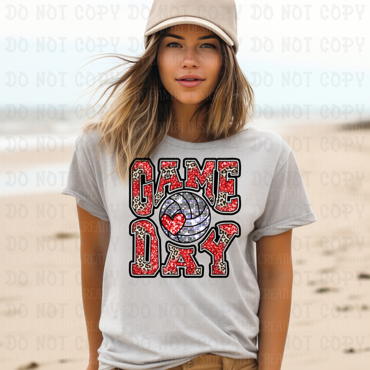 Faux Glitter Game Day Volleyball Red and Leopard