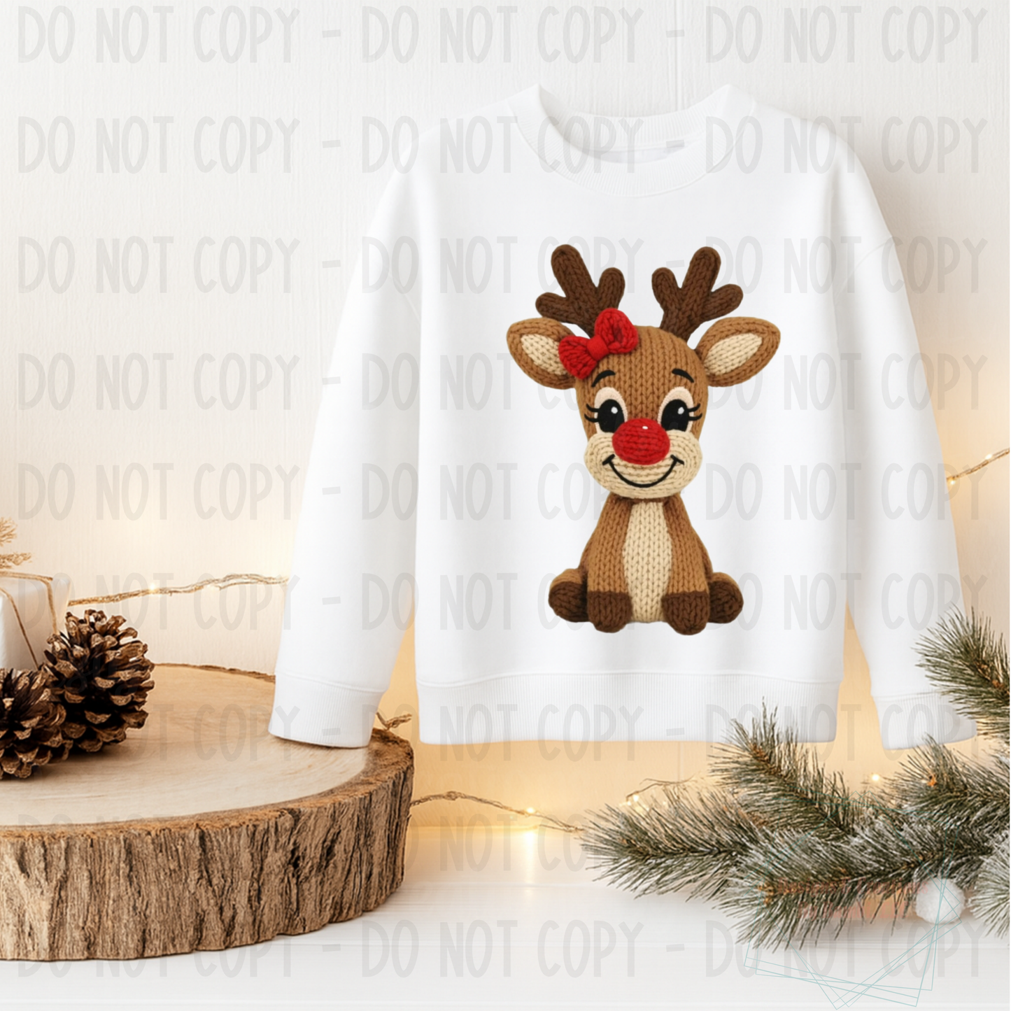 Faux Knit Festive Girl Reindeer with Bow
