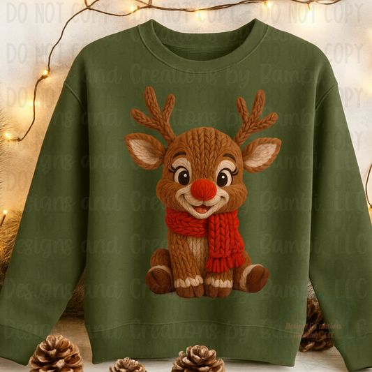 Faux Knit Festive Reindeer with Red Scarf