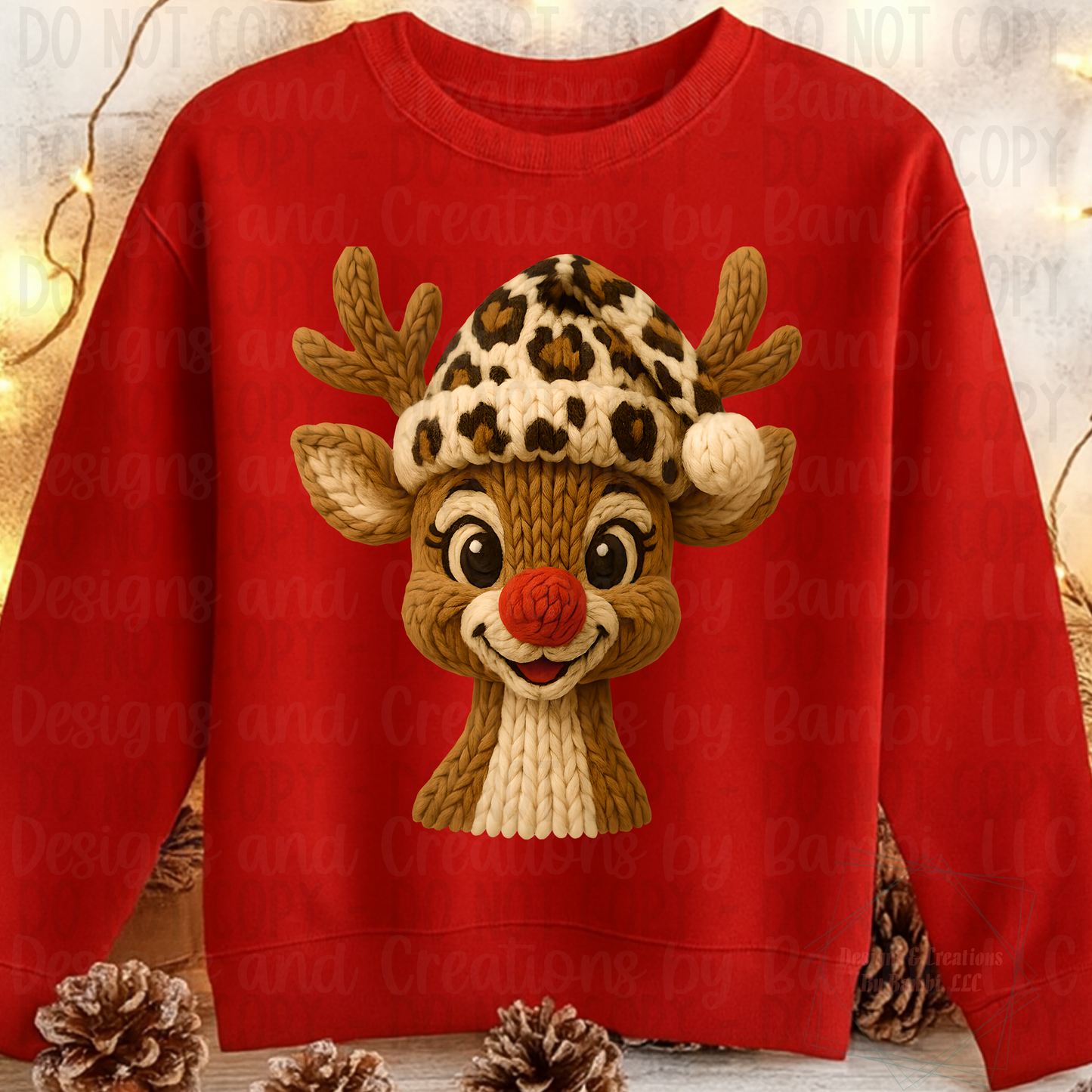 Faux Knit Reindeer Face with Leopard Hat