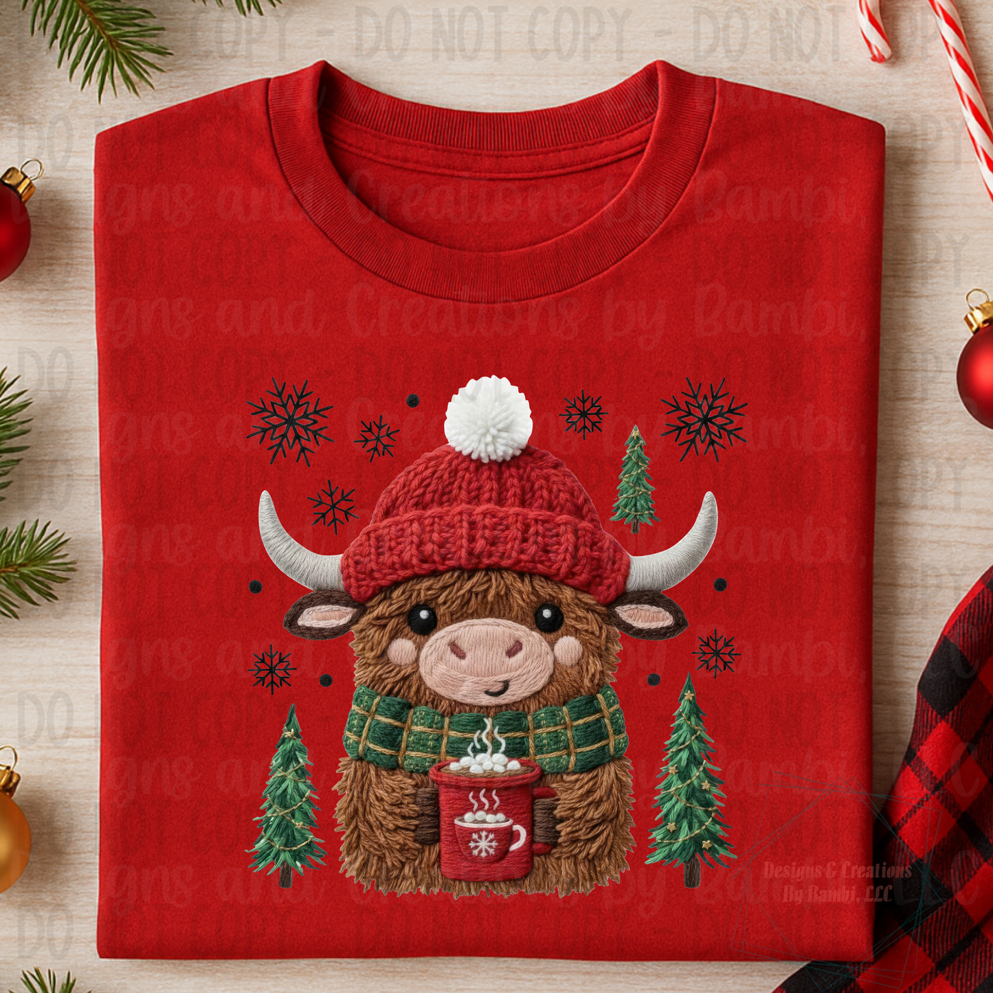 Faux Knit and Embroidery Christmas Highland Cow
