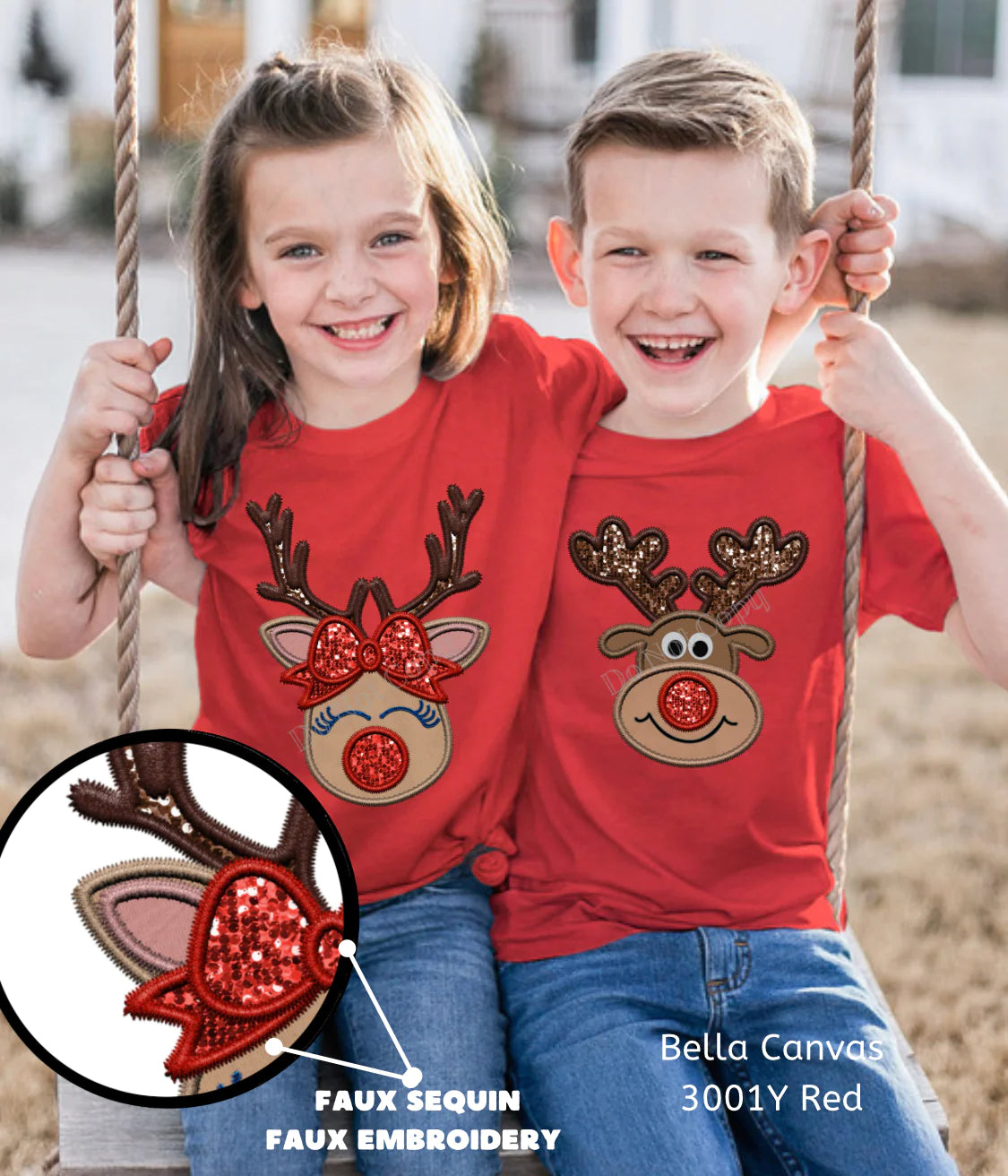 Girl/Boy Faux Embroidery/Sequin Reindeer