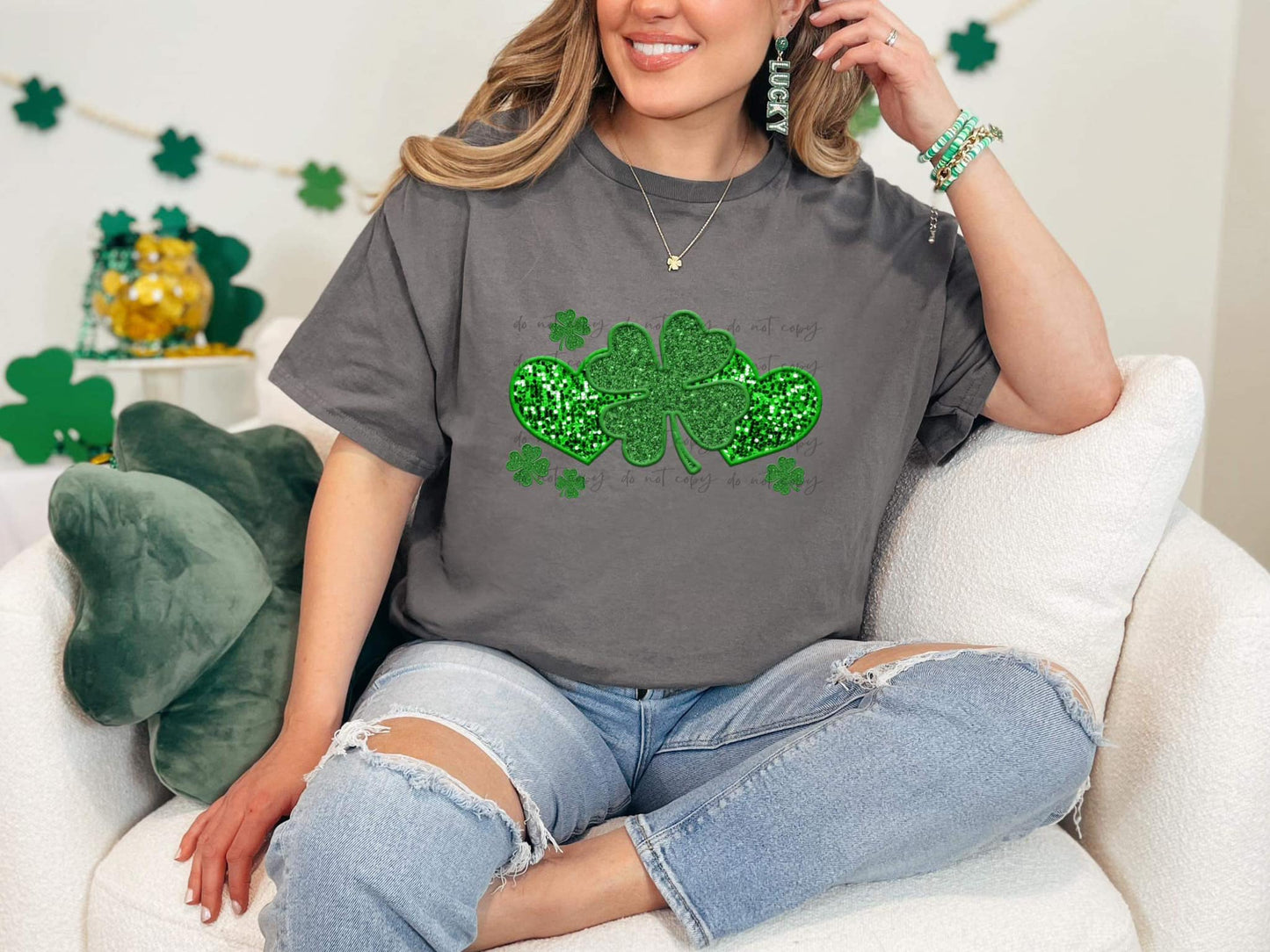 Faux Sequin along with Embroidery Hearts with Shamrocks