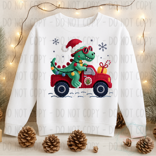 Faux Yarn Festive Dino in Truck Christmas