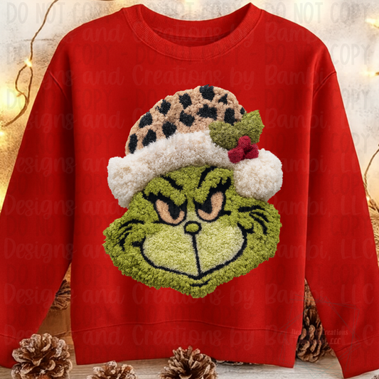 Faux Yarn Festive Green Guy with Leopard Hat