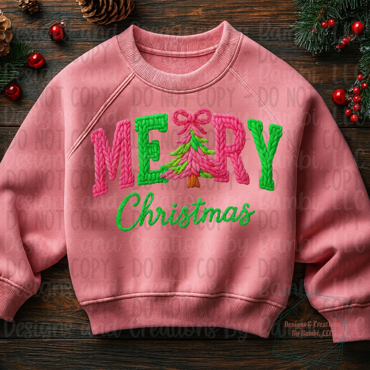 Faux Yarn Pink Green Merry Christmas