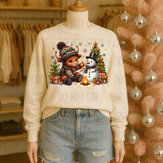 Festive Leopard Highland Cow with Snowman