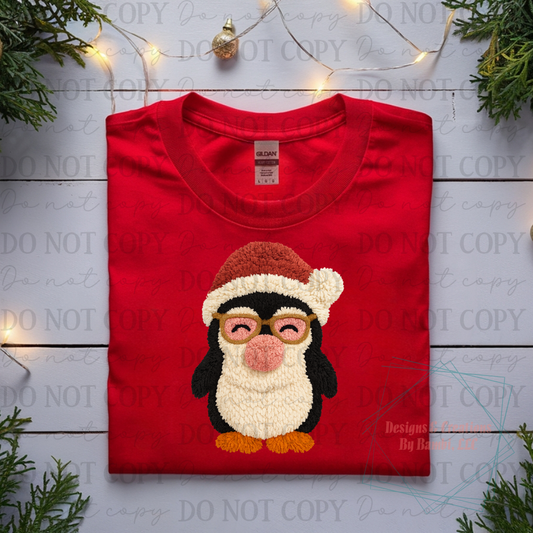 Festive Penguin Faux Yarn Red Hat