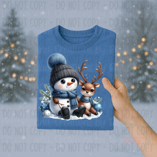 Festive Snowman with Deer in Snow