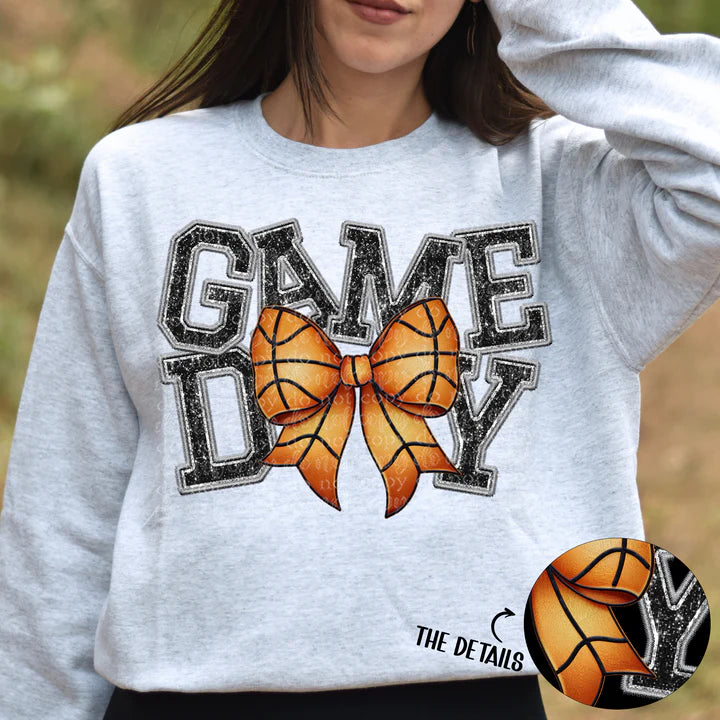 Game Day Basketball Bow Faux Embroidery