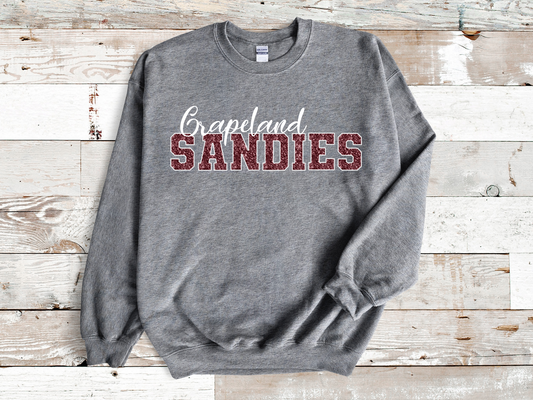 Grapeland Sandies in Maroon with White Outline/Grapeland in Faux Sequin and Embroidery