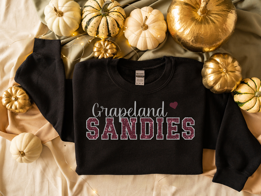 Grapeland Sandies in Faux Sequin Maroon with Silver/Grey Outline and Grapeland with Maroon Heart