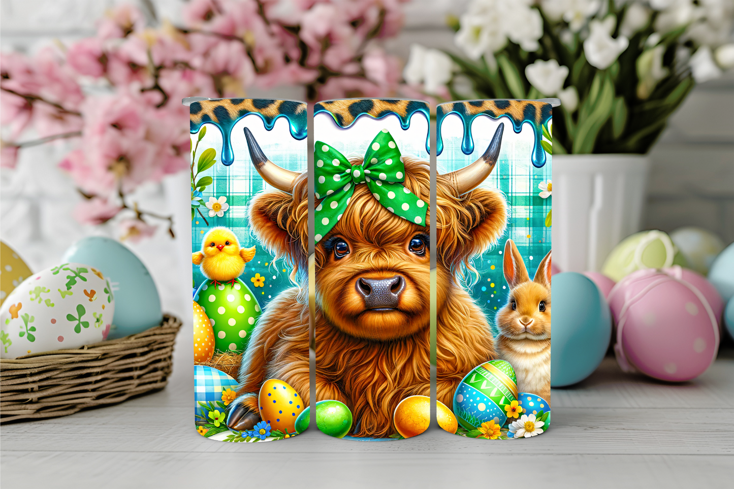 Green Leopard Easter Highland Cow Tumbler
