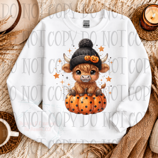 Halloween Highland Cow with Pumpkin Black Beanie