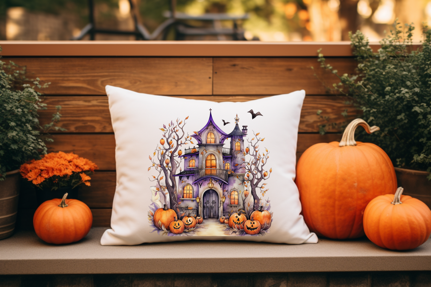 Halloween House with Pumpkins Throw Pillow Covering