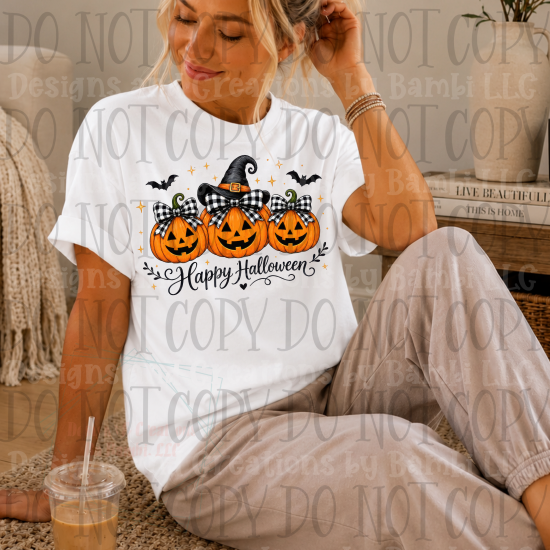 Happy Halloween with Trio of Pumpkins and Bows